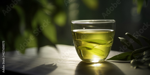 Freshly brewed green leaf tea in glass cup on the table photo
