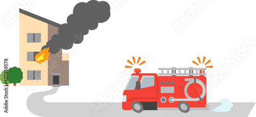 働く車・火災現場へ緊急走行する消防車.