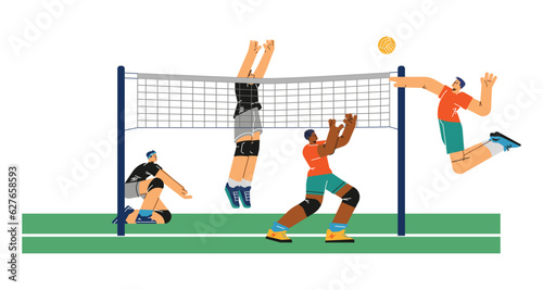 Volleyball players throw the ball over net, flat vector illustration isolated.