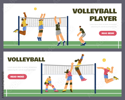 Set of website banner templates about volleyball sport game flat style