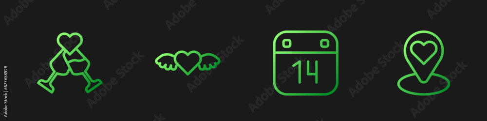 Set line Calendar with February 14, Glass of champagne, Heart wings and Location heart. Gradient color icons. Vector Set line Calendar with February 14, Glass of champagne, Heart wings and Location heart. Gradient color icons. Vector