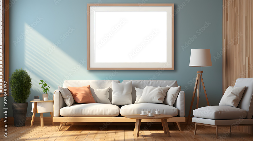 Blank horizontal decorative art transparent frame mock-up in scandinavian style living room interior, modern living room interior background, green wall.