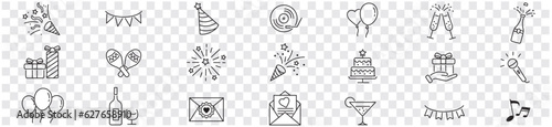 Party celebration celebrate happy birthday dancing music line icon set 