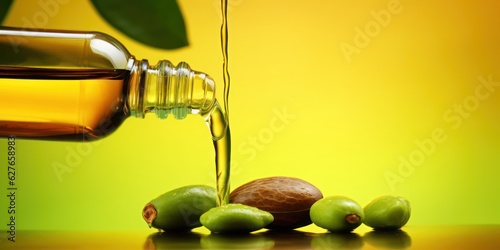 Fruits and nuts jojoba oil drop falls into the bottle vial close-up macro on a green and yellow background. Concept idea of cosmetic oils for hair of face and body photo