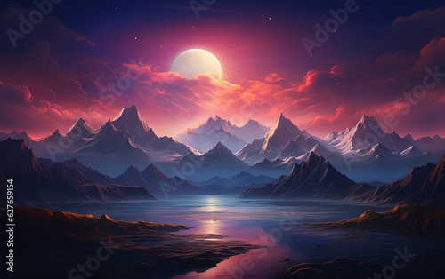 Abstract landscape  futuristic landscape of mountains and river  moon  rocky mountains  colorful. AI generated