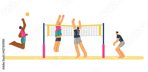 Team sports game vector isolated illustration, men playing volleyball on the court, volleyball competitions