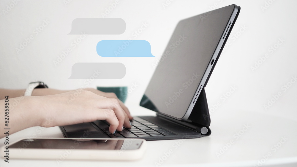 Close up hand of woman using blank screen digital tablet while working blank screen mockup Close up hand of woman using blank screen digital tablet while working blank screen mockup
