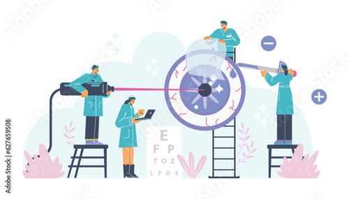 Lasik or laser surgery banner or poster for ophthalmology, flat vector isolated.