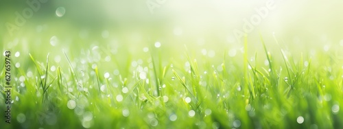 Juicy lush green grass on meadow with drops of water dew sparkle in morning light, spring summer outdoors close-up, copy space, wide format. Beautiful artistic image of purity and freshness of nature