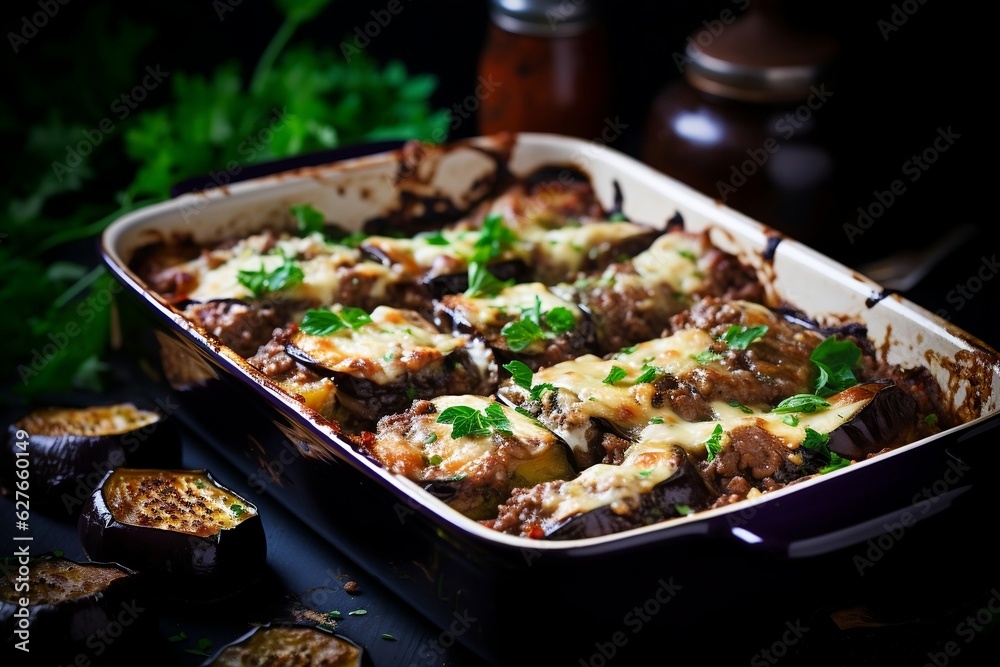 Moussaka: a Greek baked eggplant and meat dish, Generative Ai