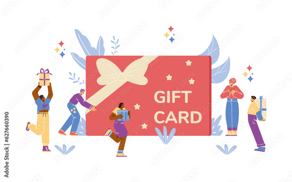 Happy man receive huge gift card, excited people with gift box, surprise, present, bonus or loyalty vector illustration Happy man receive huge gift card, excited people with gift box, surprise, present, bonus or loyalty vector illustration