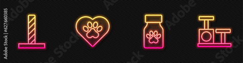 Set line Medicine bottle and pills, Cat scratching post with toy, Heart animals footprint and . Glowing neon icon. Vector