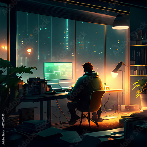 Freelancer developer guy working in his home at night.