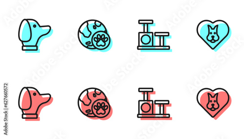 Set line Cat scratching post with toy, Dog, World pet and Heart dog icon. Vector
