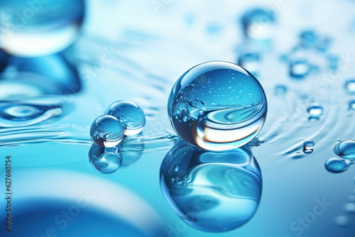 Cosmetic Essence, Liquid bubble, Molecule inside Liquid Bubble on water background. Generative AI.