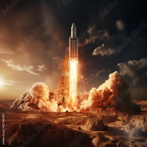 Futuristic rocket taking off from Mars's surface. Beautiful visualization of a rocket taking off from a human colony on Mars. Interplanetary species concept. 3d render.