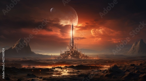 Human colony on Mars. Concept of a future Martian human base. 3D rendering of an alien planet with a view of a conceptual futuristic city made of glass dome. Concept of interplanetary species.