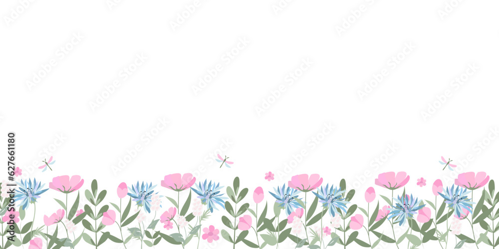 Border or frame of cornflower, pink wildflowers, and meadow grasses. Border or frame of cornflower, pink wildflowers, and meadow grasses.