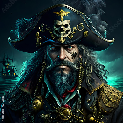 Colorful pirate man portrait, digital illustration.