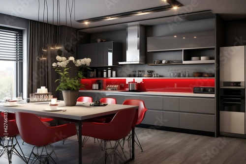 A kitchen interior with red and gray accents  Generative Ai
