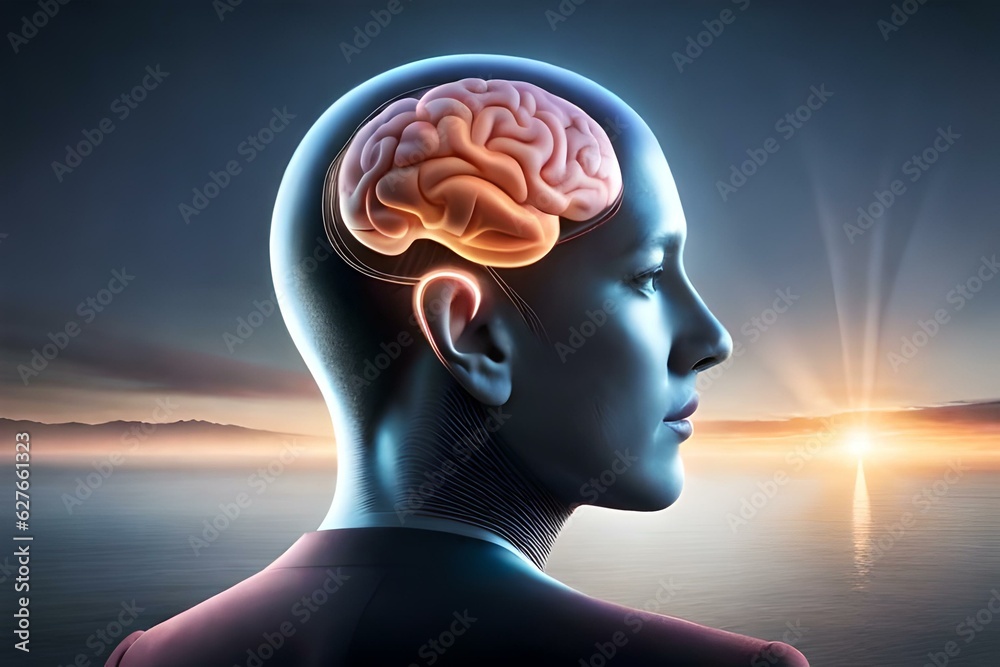 Obraz premium MRI image of human brain with head , human brain illustration inside the skull with modern technology