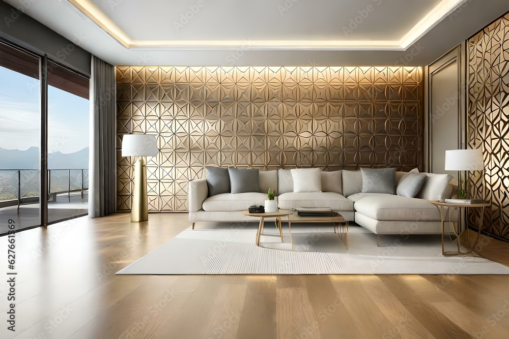 Fototapeta premium modern drawing room , beautiful cream and golden color ceiling with golden architectural art work on the front wall and white lamp on side with long golden stand