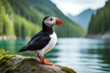 atlantic puffin side view , view of piffin on mountainous place and river , DSLR view 