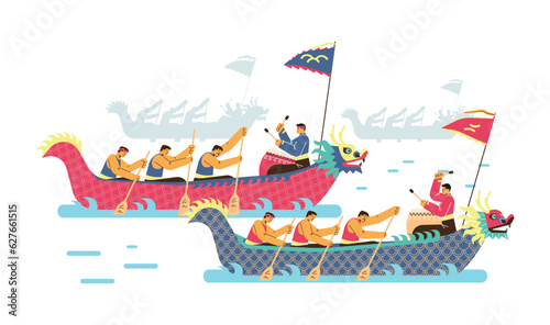 Dragon boat chinese festival, competition two long boat with dragon body, men are rowing, drummer vector illustration