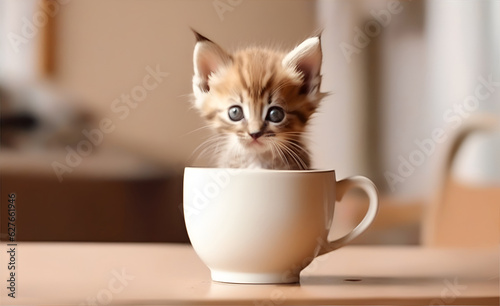A pretty little kitten peeks out of a mug, a funny pet, a cat in a mug