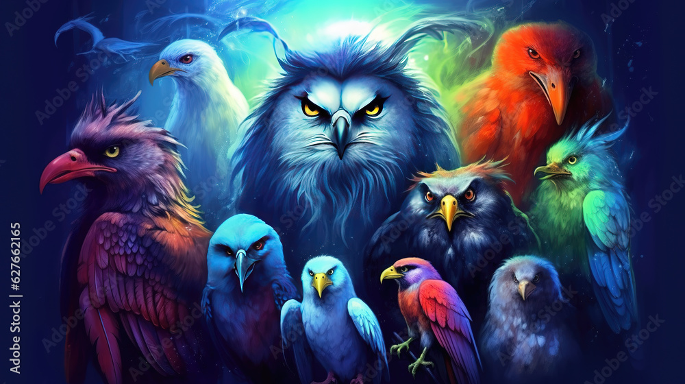 a cartoon inspired fairytale wallpaper of different birds, ai generated image