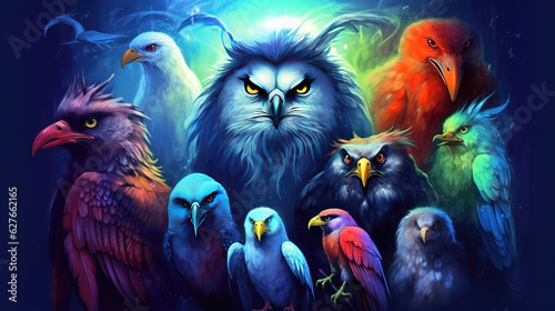 a cartoon inspired fairytale wallpaper of different birds, ai generated image photo