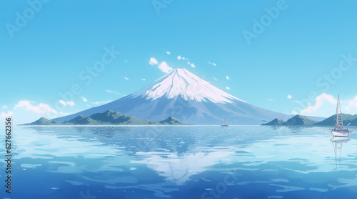 a simple beautiful mountain fuji anime illustration from the ocean view  ai generated image
