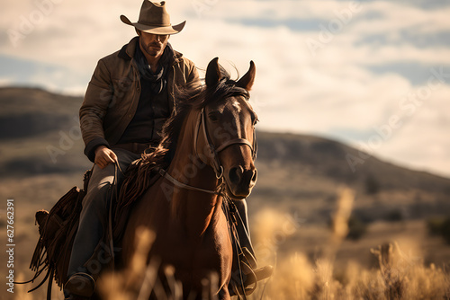A person riding a horse and wearing a cowboy hat