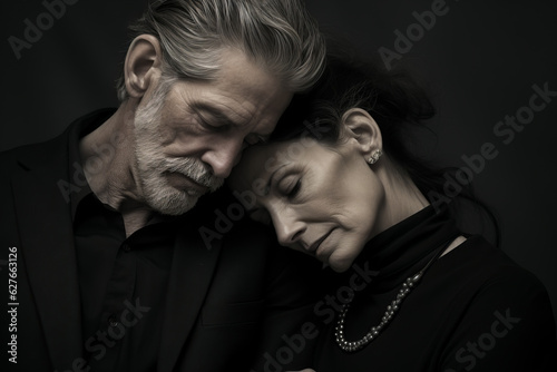 Cropped view of sad elderly man embracing woman on funeral. Generative AI.