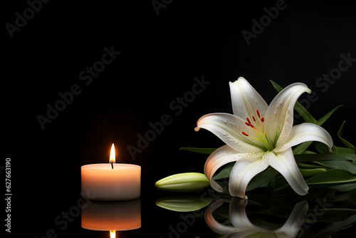 Beautiful lily and burning candle on dark background. Funeral flower. Generative Ai.