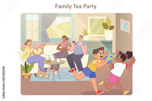Family tea party. Family gathering at home. Cousins, children playing