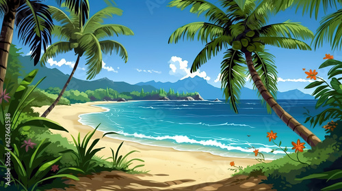 a beautiful anime inspired beach scene, view through palms, ai generated image