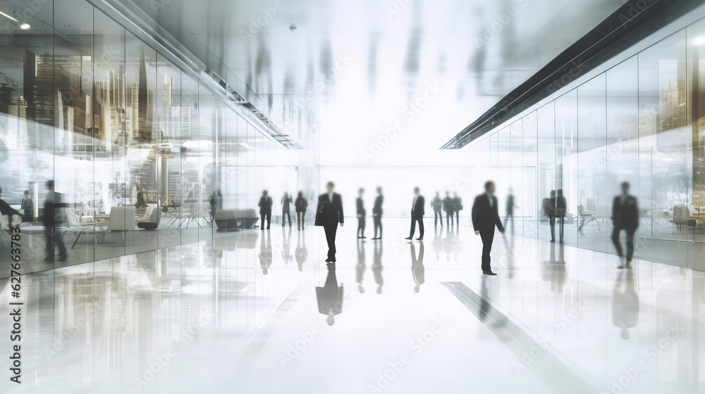 Blurred business people in white glass office background