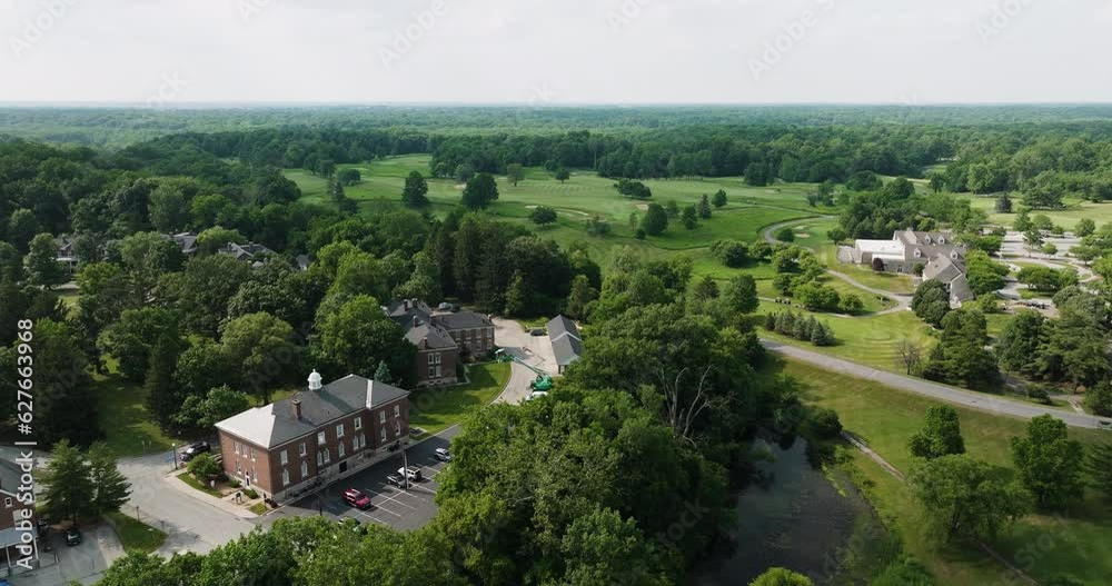 Establishing aerial view of The Fort Golf Resort golf course in Indiana, forward Establishing aerial view of The Fort Golf Resort golf course in Indiana, forward