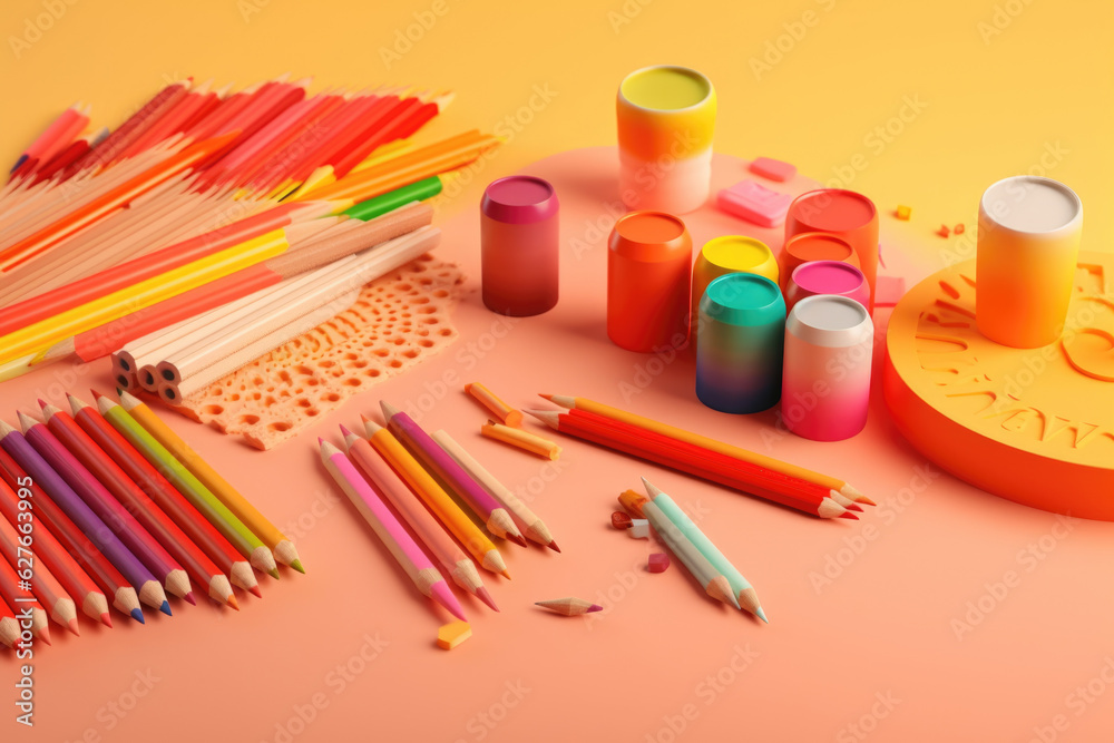 Obraz premium School supplies isolated on colorful background. colorful pencils and paints, back to school