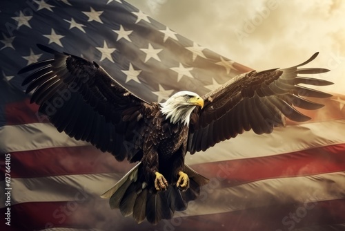 Eagle with open wings flying against flag. Beautiful illustration picture. Generative AI