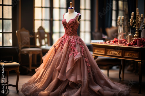 Fotografie, Tablou Haute couture evening dress in a tailor room