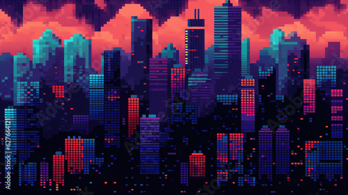 a modern city silhouette artwork, future pixel style, ai generated image
