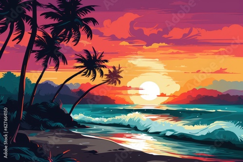 Beach scene at sunset time. Beautiful illustration picture. Generative AI © standret