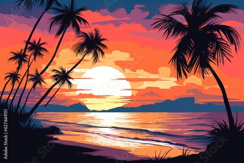 Beach scene at sunset time. Beautiful illustration picture. Generative AI