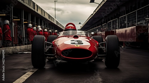 The pit lane of a red racing car
