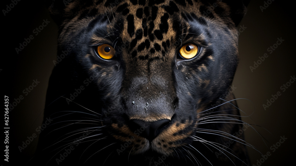 Front view of Panther on black background. Wild animals banner with copy space. Predator series. digital art