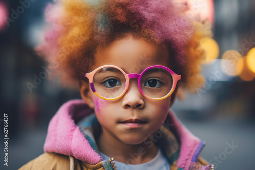 portrait of cute trendy African American little girl with colored Afro hair in eyewear