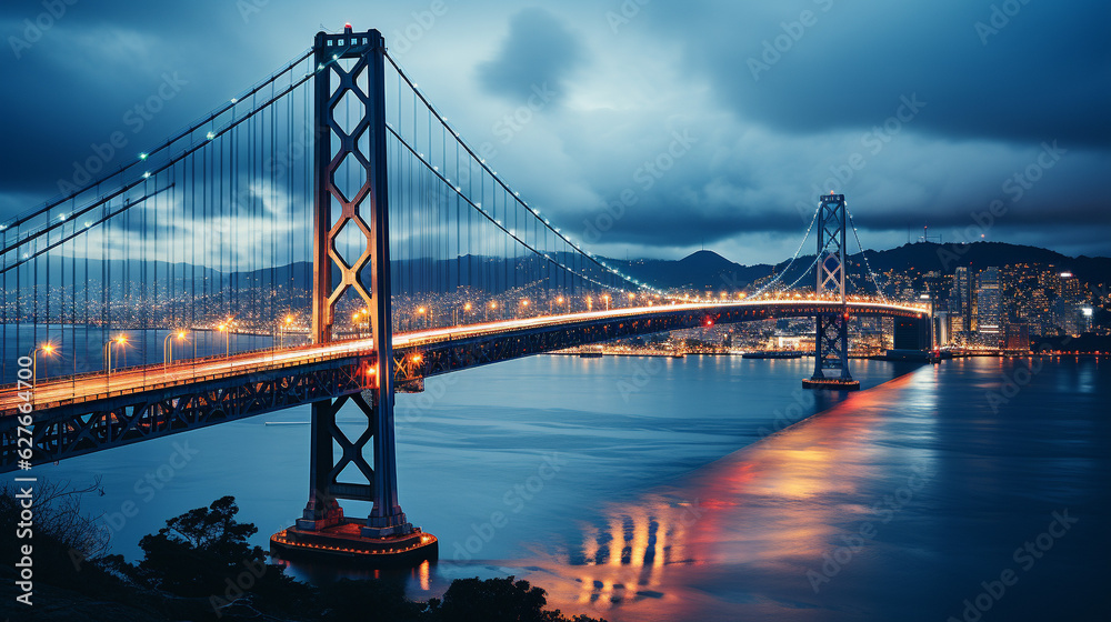 Luminous Reflections: Nighttime Glow of a Famous Bridge, Generative AI Luminous Reflections: Nighttime Glow of a Famous Bridge, Generative AI