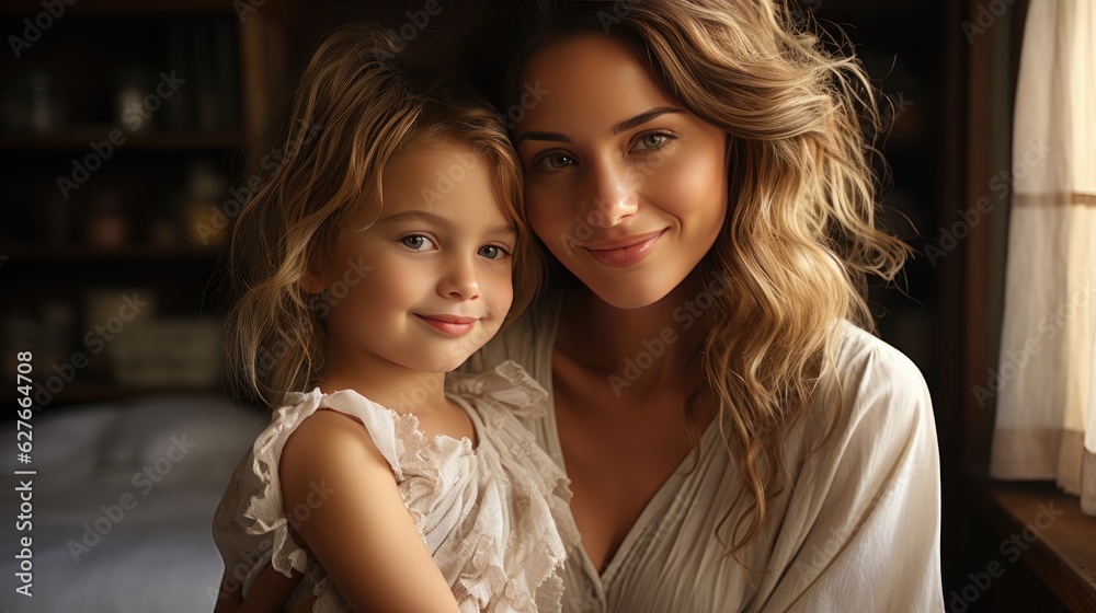 A portrait of mother and daughter are smiling so happiness in the room. Generative Ai A portrait of mother and daughter are smiling so happiness in the room. Generative Ai